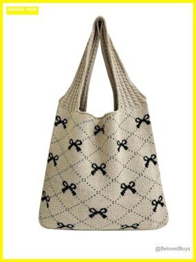 Crochet Tote Bag Bow Pattern Knitted Boho Shoulder Handbag Travel Tote